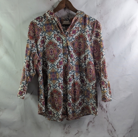 Chicos Shirt Women XL 3 Pink White Paisley Non Iron Wrinkle Button Up Back - Picture 1 of 12